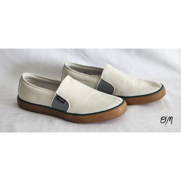 Womens Lacoste Cream Green Slip On Canvas Sneakers - Size 7 - Picture 1 of 9